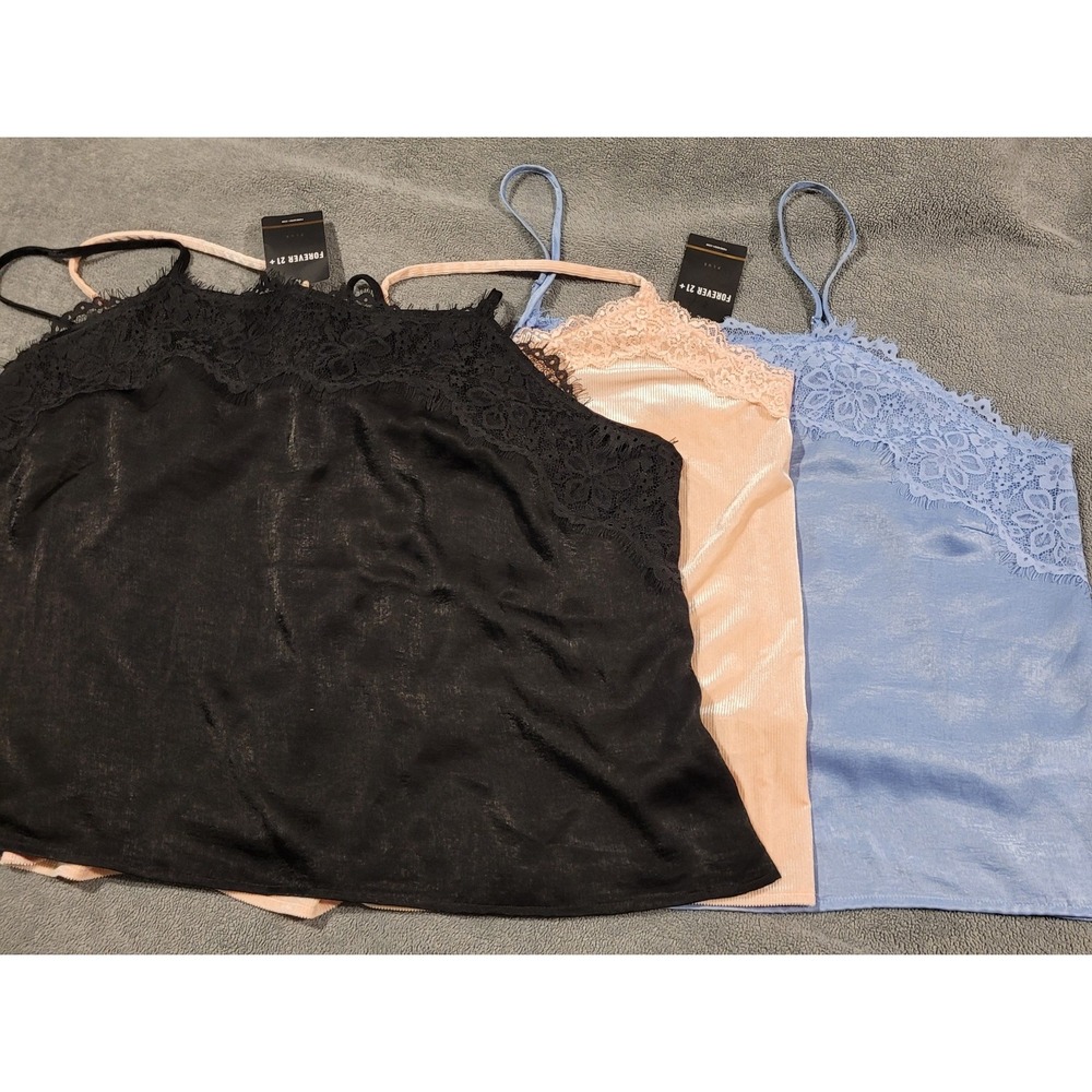 Forever 21+ Lace Trim Satin Camisole Tank Top 3X Black, Blue, & Pink-faux Velvet